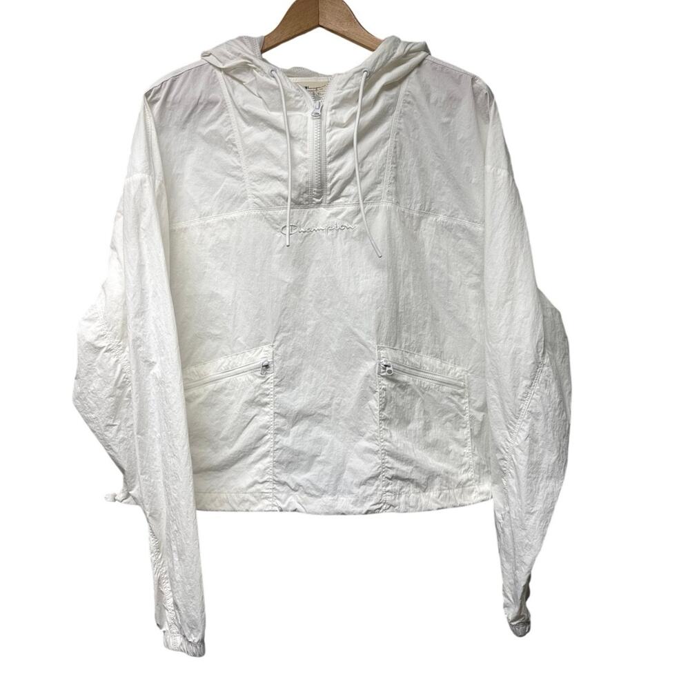 Champion White Size Small Nylon Hooded Anorak Windbreaker Pullover Zip Pockets